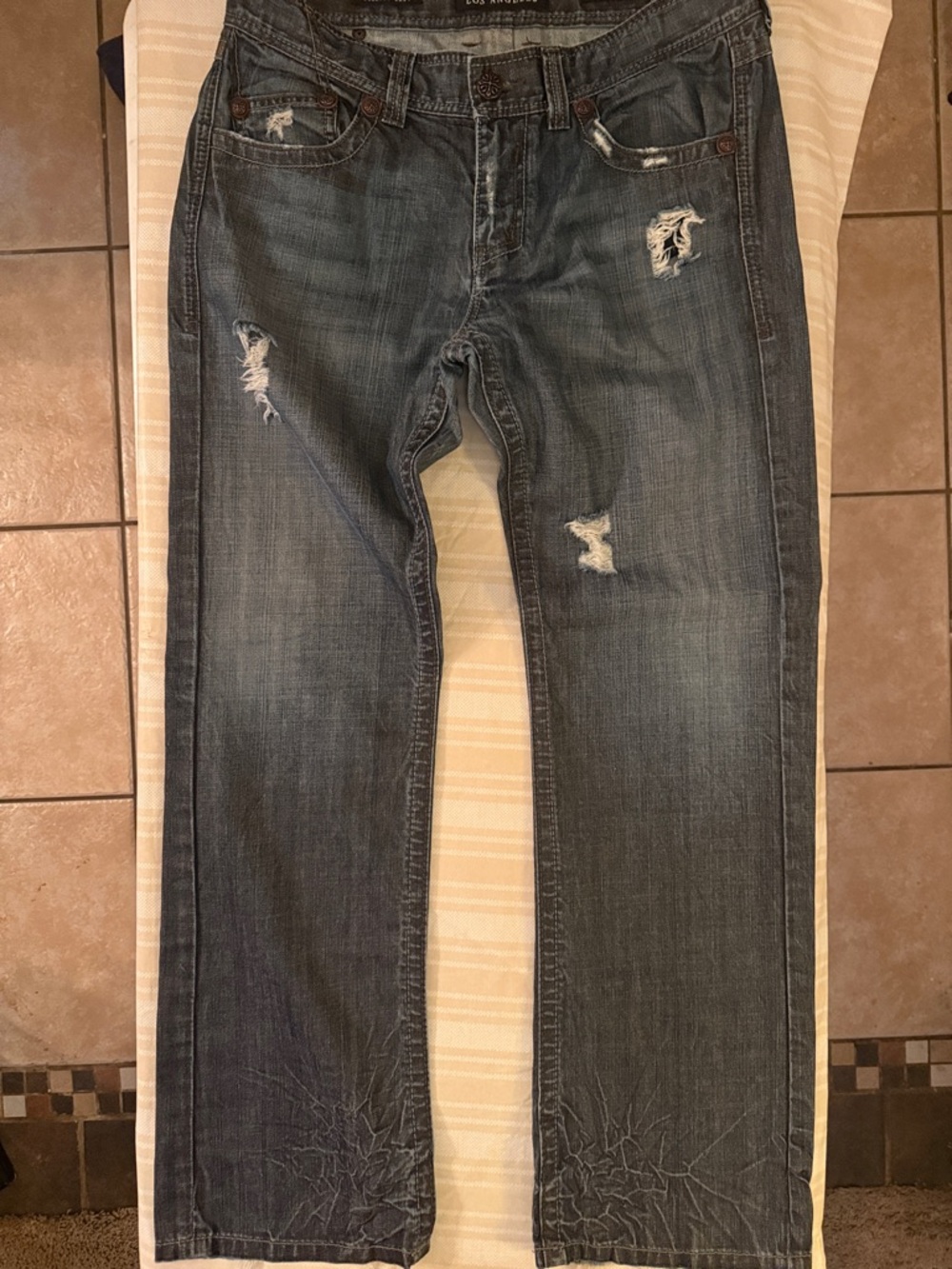 Affliction Distressed Blue Jeans with Embroidered Cross Back Pockets - Picture 6 of 9